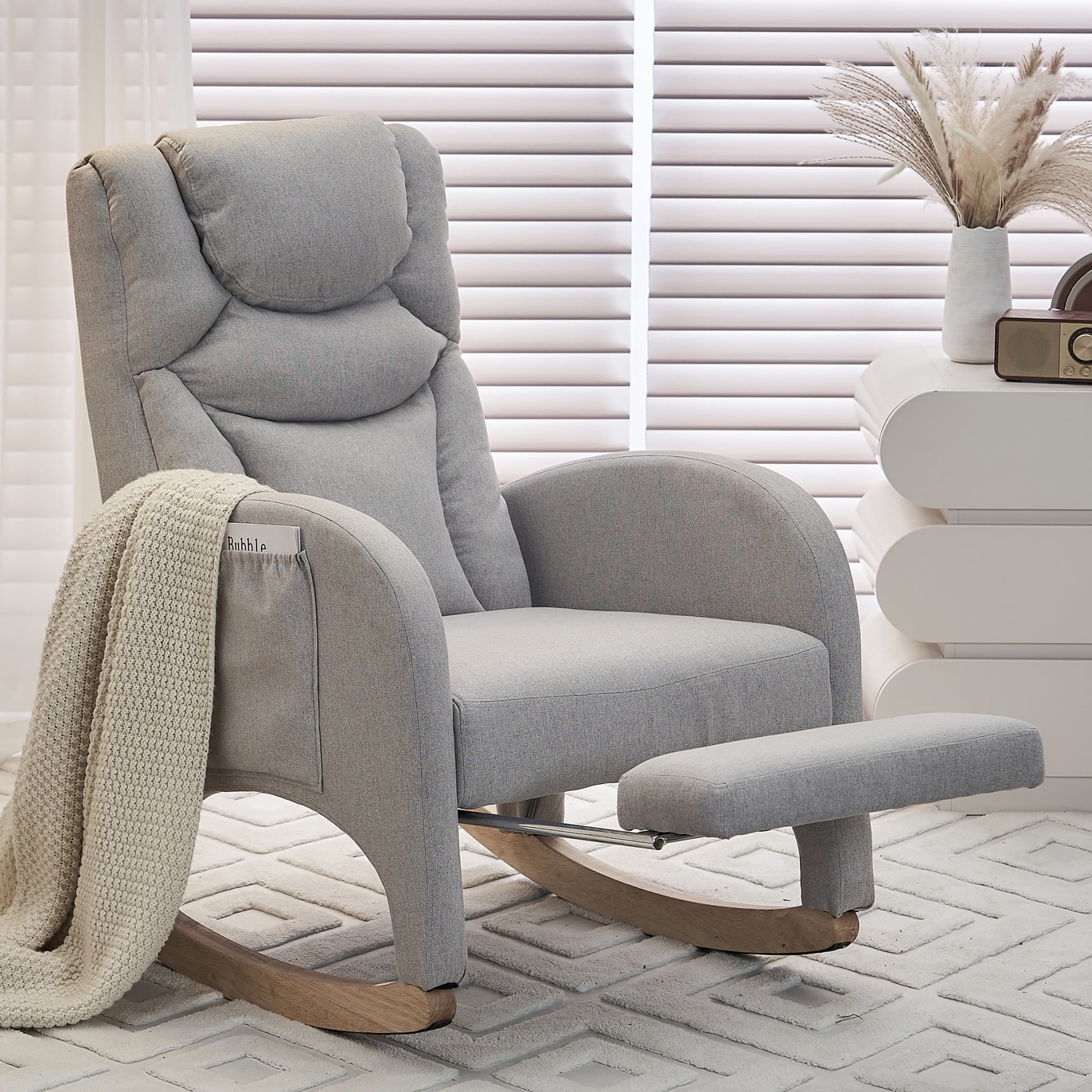 Nursery Rocking Chair with Two Side Pockets & Adjustable Footrest, Cotton Linen Fabric Rocker with High Backrest, Modern Rocking Accent Chair for Living Room, Bedroom, Light Gray