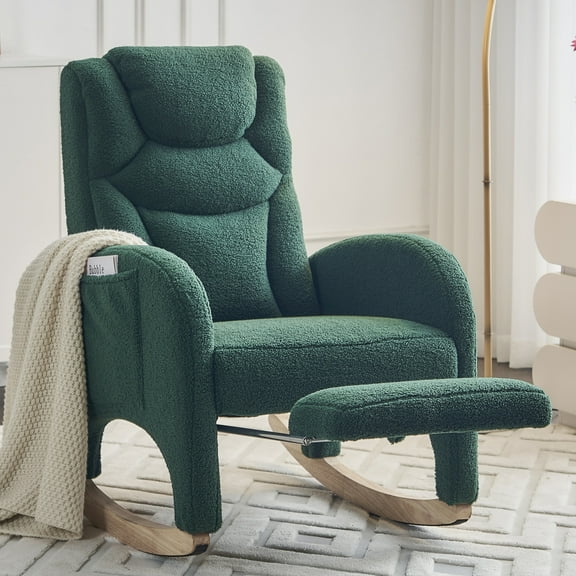 Nursery Rocking Chair with Two Side Pockets & Adjustable Footrest, Teddy Fabric Rocker with High Backrest, Modern Rocking Accent Chair for Living Room, Bedroom, Green