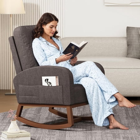 Nursery Rocking Chair, Upholstered Glider Rocker Chair with High Backrest and 3 Side Pocket, Comfortable & Stylish Accent Armchair for Living Room, Bedroom, Office (Gray)