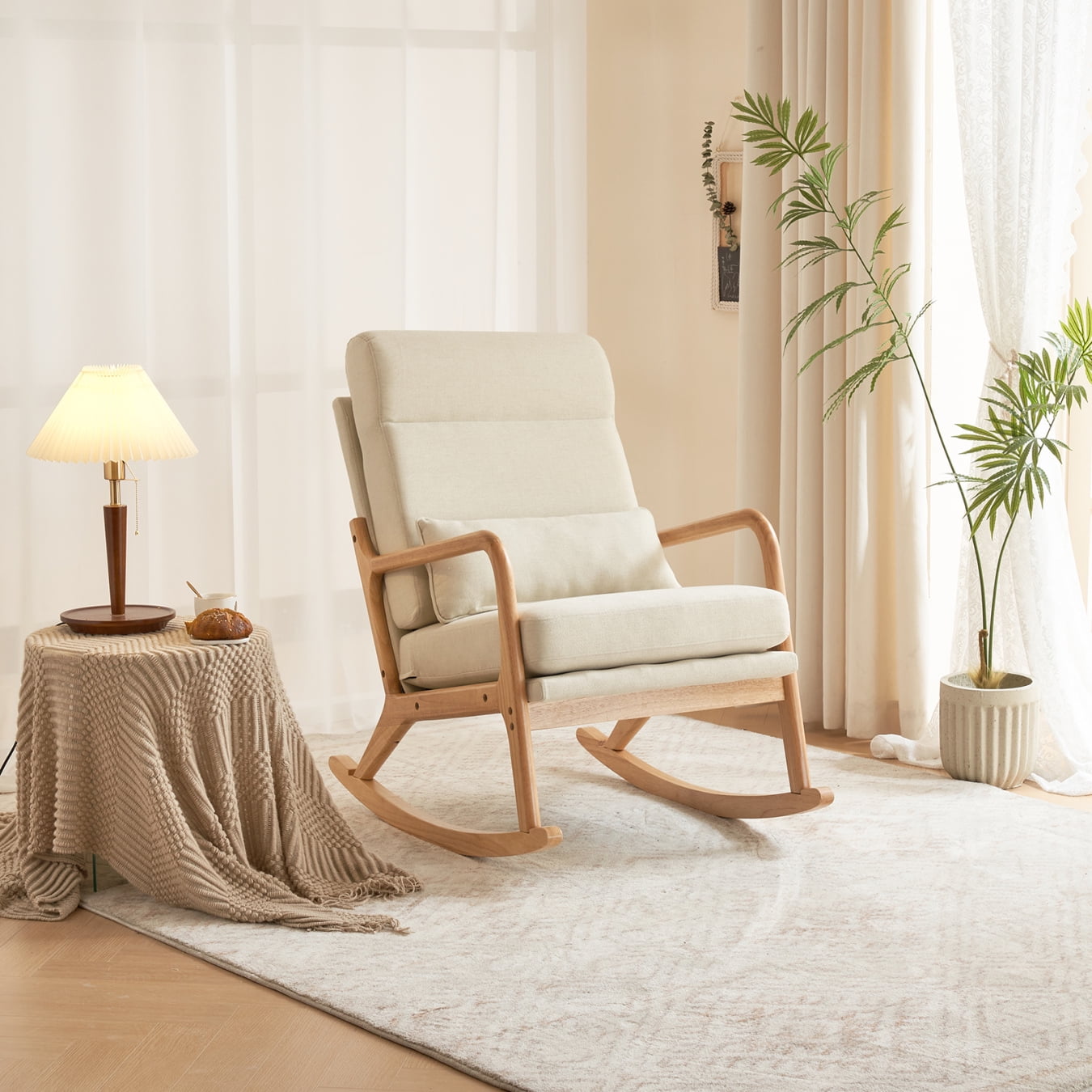 Nursery Rocking Chair, Upholstered Glider Rocker Indoor with High Backrest and Lumbar Pillow, Modern Accent Chairs Comfy Armchair Single Sofa Chair for Nursery Living Room Bedroom, White