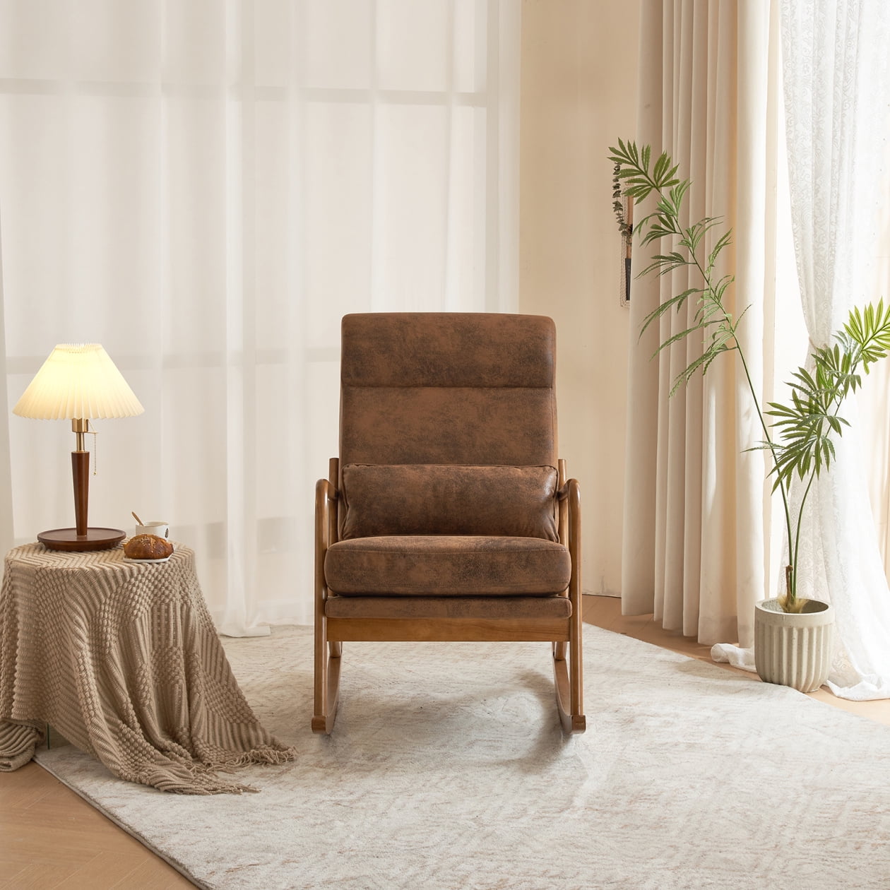 Nursery Rocking Chair, Upholstered Glider Rocker Indoor with High Backrest and Lumbar Pillow, Modern Accent Chairs Comfy Armchair Single Sofa Chair for Nursery Living Room Bedroom, Orange