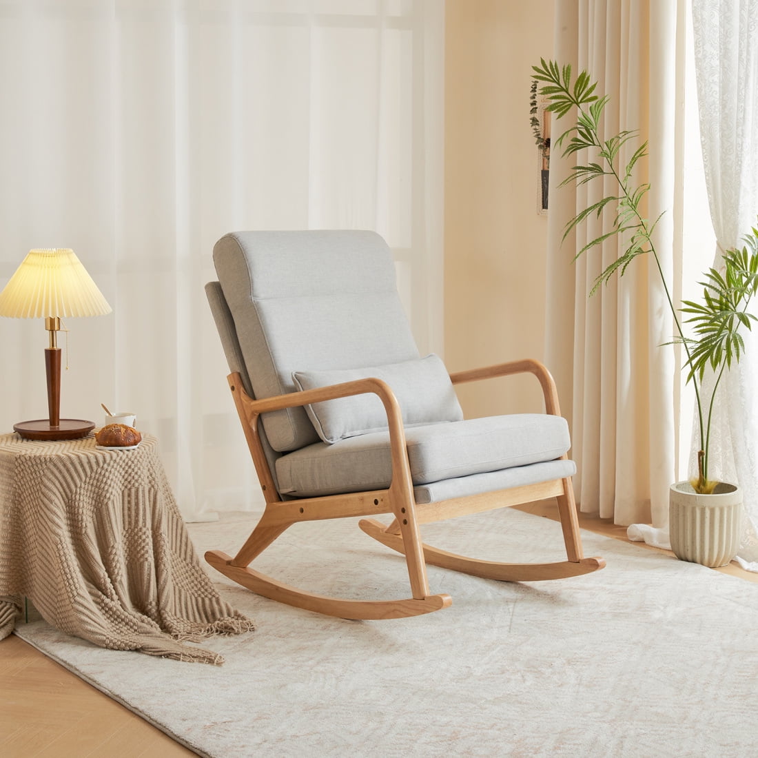 Nursery Rocking Chair, Upholstered Glider Rocker Indoor with High Backrest and Lumbar Pillow, Modern Accent Chairs Comfy Armchair Single Sofa Chair for Nursery Living Room Bedroom, Light Gray