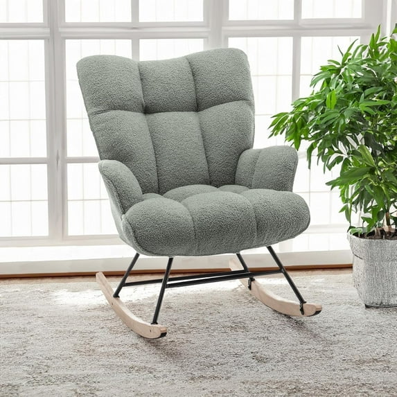 Nursery Rocking Chair, Upholstered Glider Rocker with High Backrest, Comfortable Stylish Accent Armchair with Padded Seat, Green