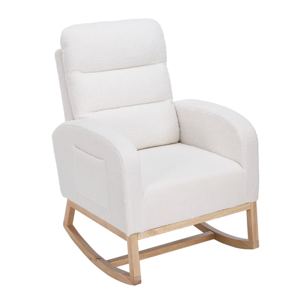 Nursery Rocking Chair. Upholstered Glider with Side Pocket & Wood Legs – Ergonomic High Back Rocker for Living Room. Nursery or Bedroom – Beige