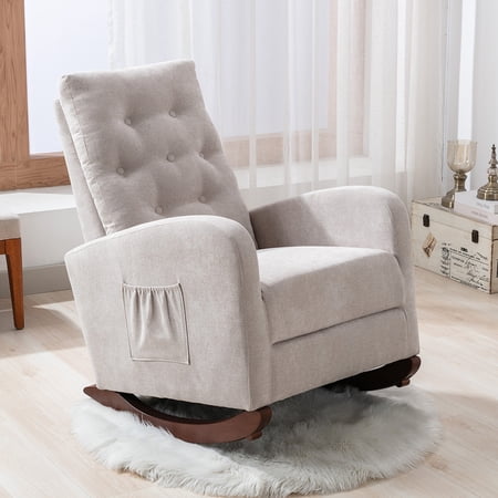 Nursery Rocking Chair Upholstered Mid Century Modern Rocker Oversized Wingback Armchair for Living Room, Tan