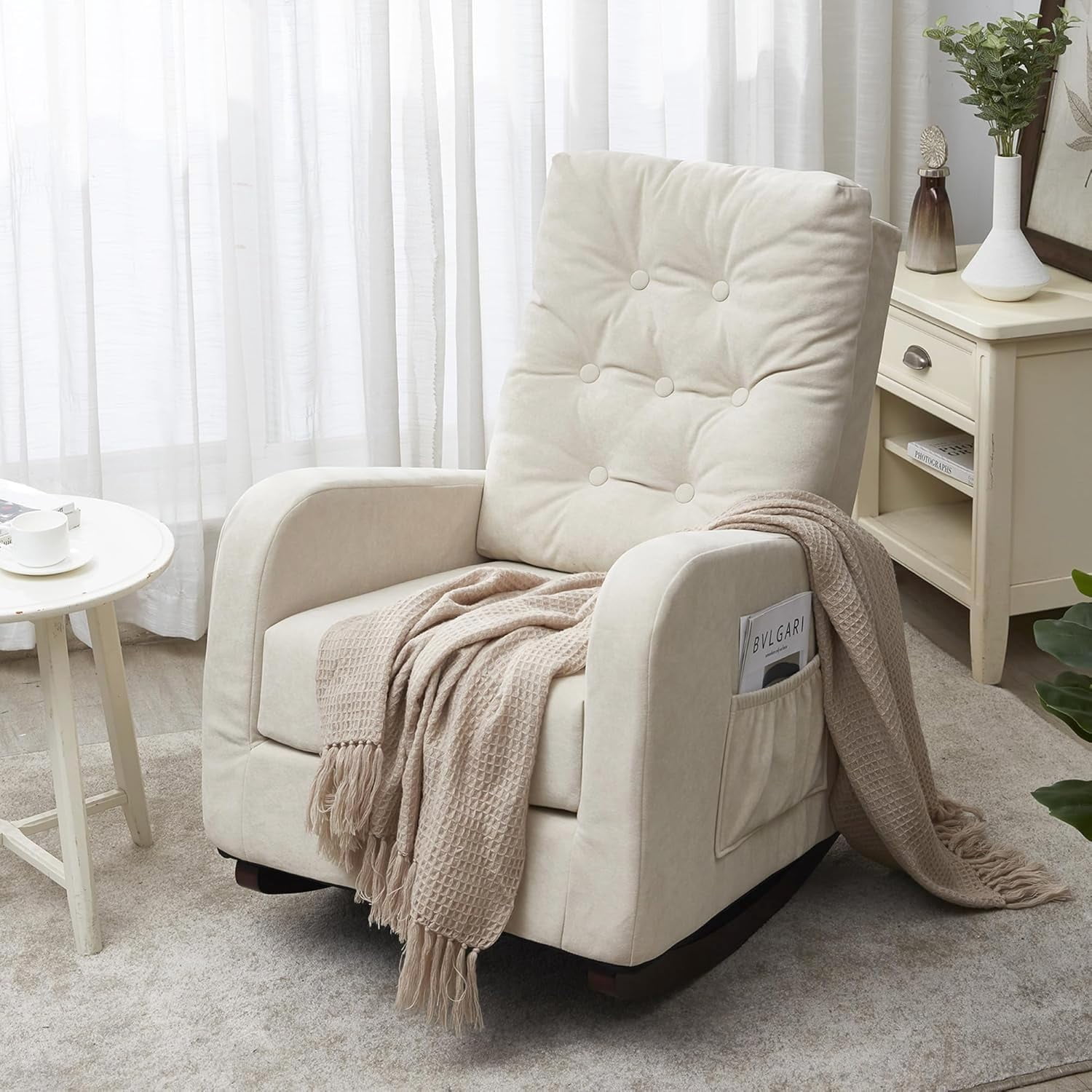 Nursery Rocking Chair, Upholstered Nursery Glider Rocker with Solid ...