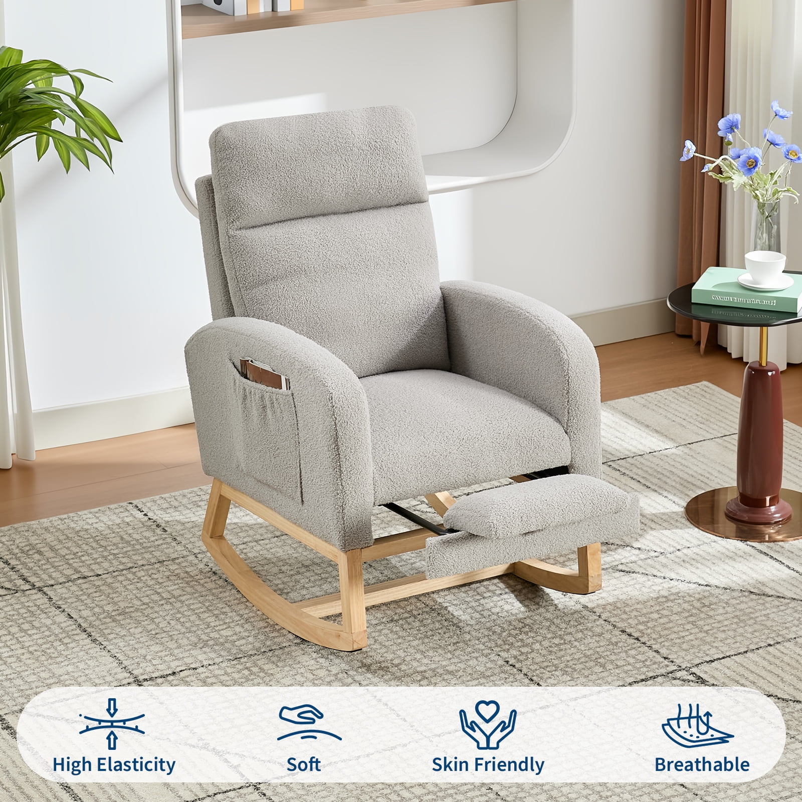 Nursery Rocking Chair with Adjustable Footrest, Glider Chair with Two Side Pockets, Comfy Lounge Armchair with High Backrest for Living Room, Bedroom