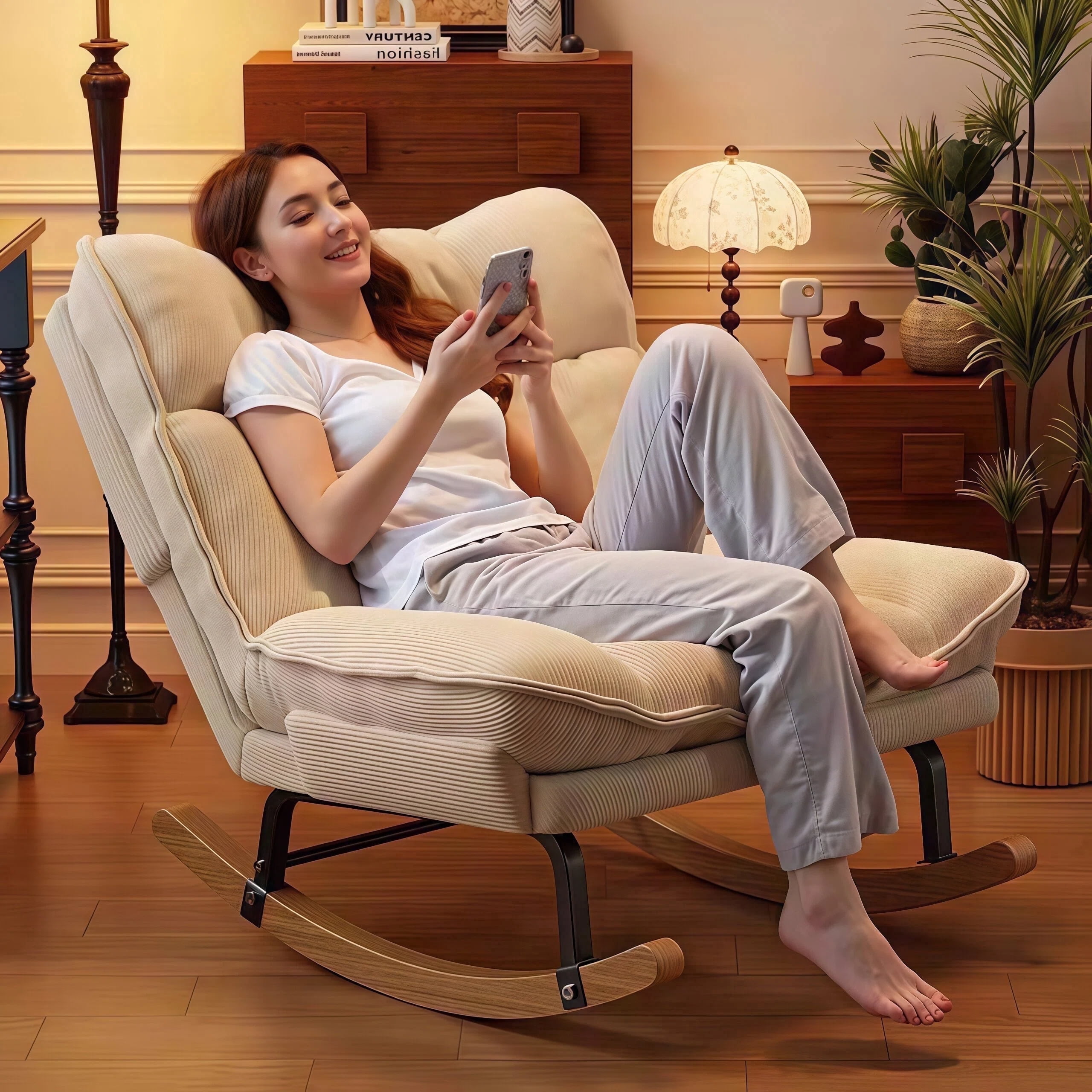 Keerffo Rocking Chair with Footrest,Corduroy Upholstered Lazy Recliner Lounge Chair, Single Sofa for Living Room, Rubber Wood Legs
