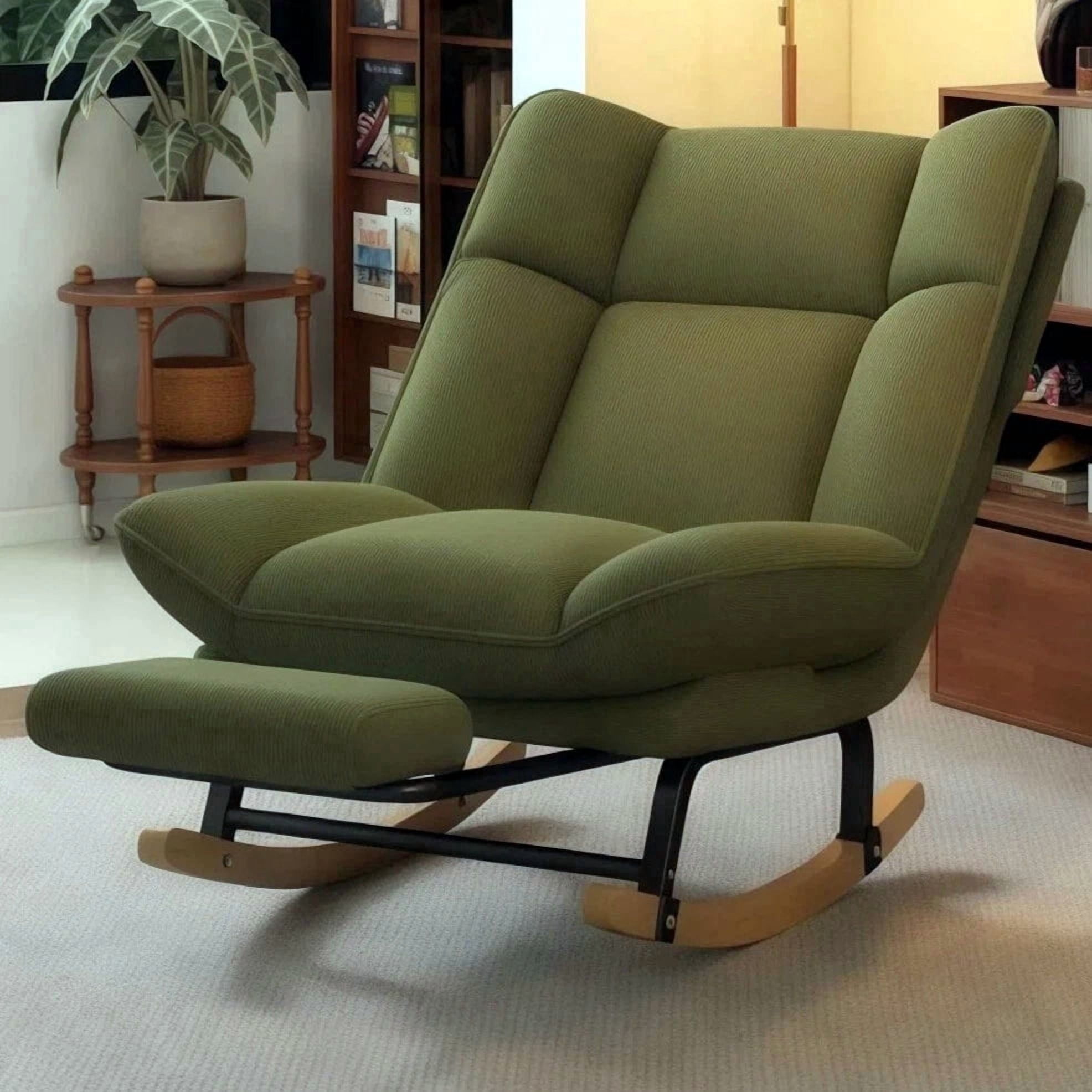 Keerffo Nursery Rocking Chair with Footrest,Corduroy Upholstered Lazy Recliner Lounge Chair, Single Sofa for Living Room, Rubber Wood Legs