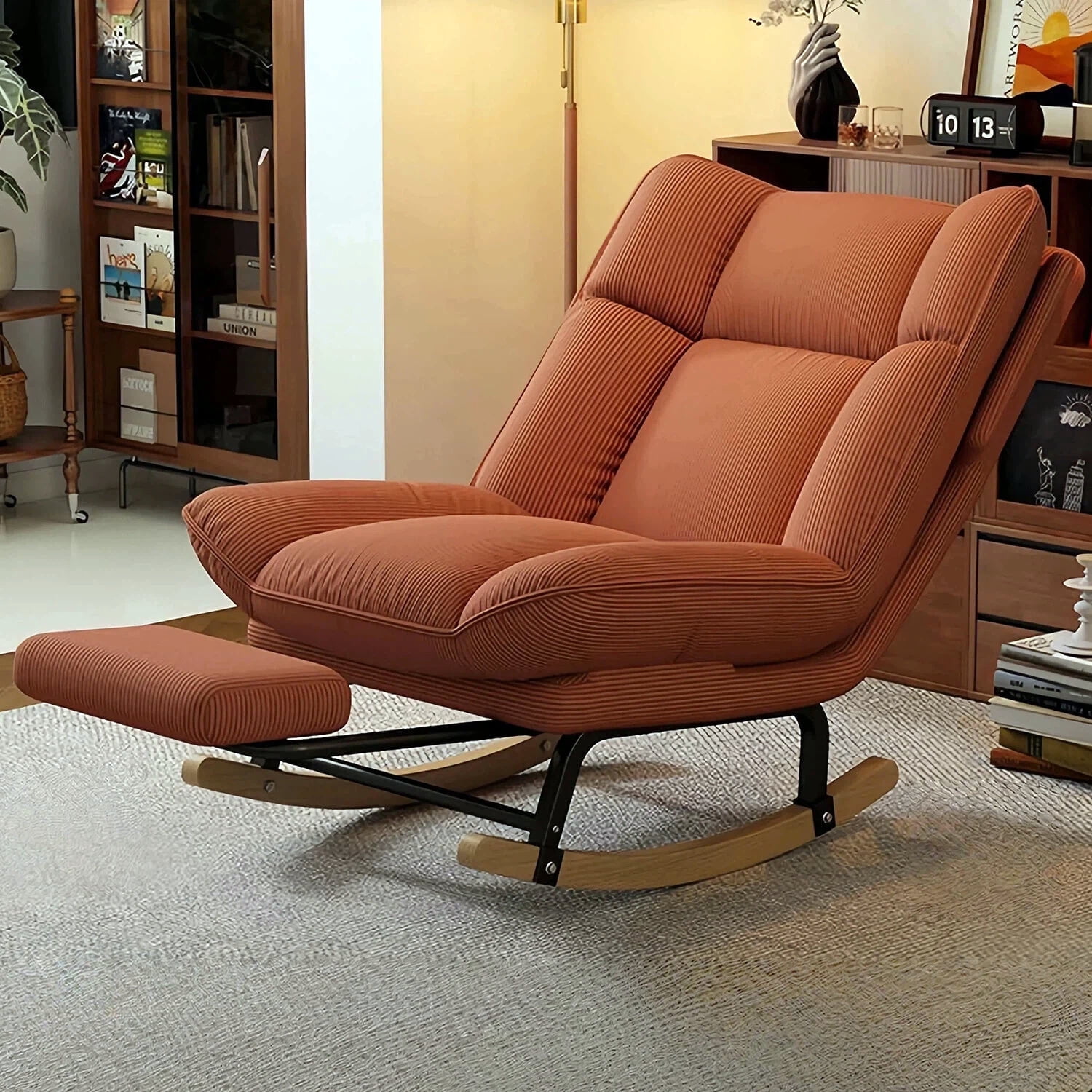 Keerffo Nursery Rocking Chair with Footrest,Corduroy Upholstered Lazy Recliner Lounge Chair, Single Sofa for Living Room, Rubber Wood Legs