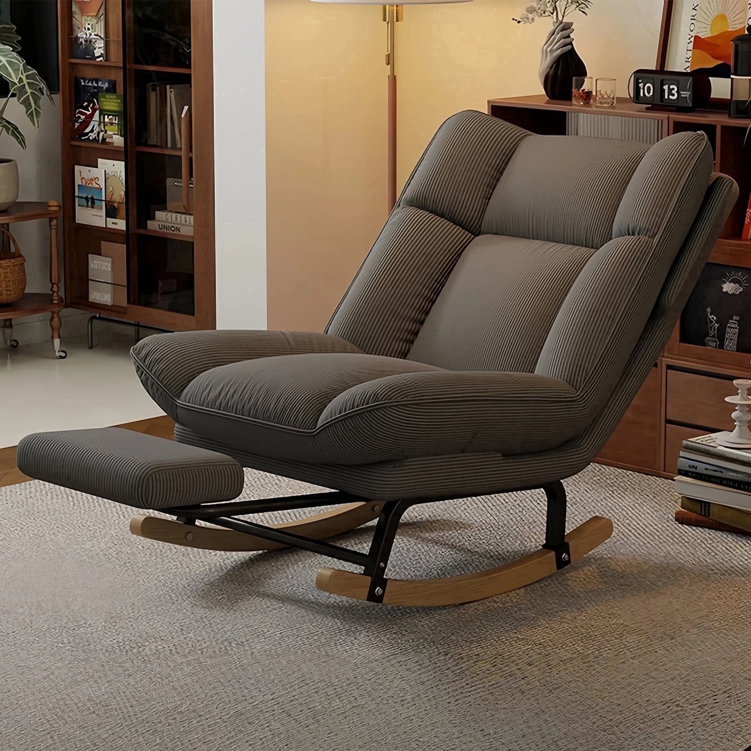 Keerffo Nursery Rocking Chair with Footrest,Corduroy Upholstered Lazy Recliner Lounge Chair, Single Sofa for Living Room, Rubber Wood Legs