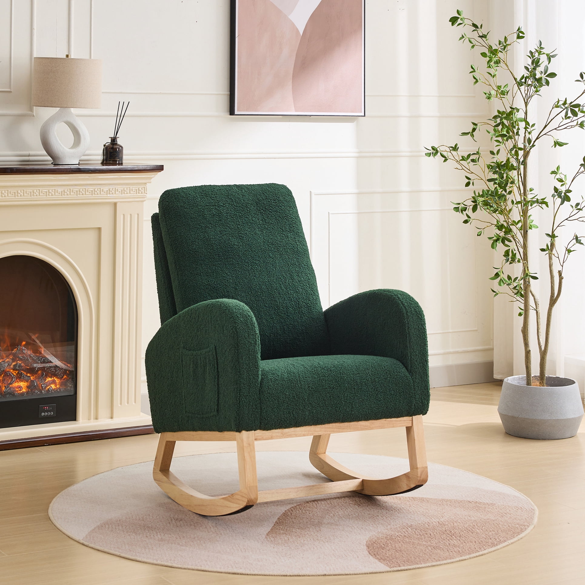 Nursery Rocking Chair with Sherpa Upholstery and Side Pockets, High Back Glider Armchair with Rubber Wood Legs for Bedroom or Living Room, Green
