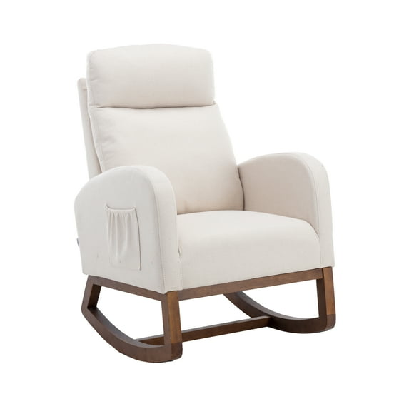 Nursery Rocking Chair with Wood Legs, Modern Glider Rocker Chair with Two Side Pockets, Rocking Armchair for Nursery Living Room Bedroom, Beige
