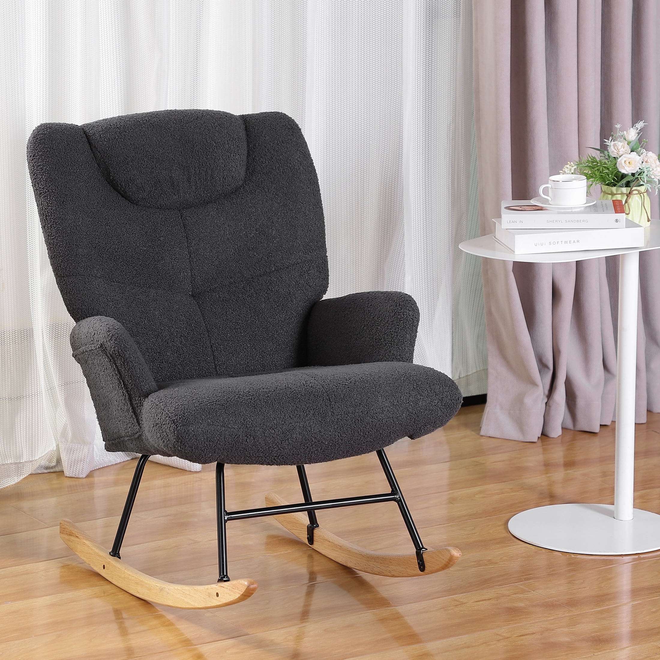 Nifamembo Modern Teddy Nursery Rocking Chair with High Backrest for Living Room, Bedroom(Dark Gray)