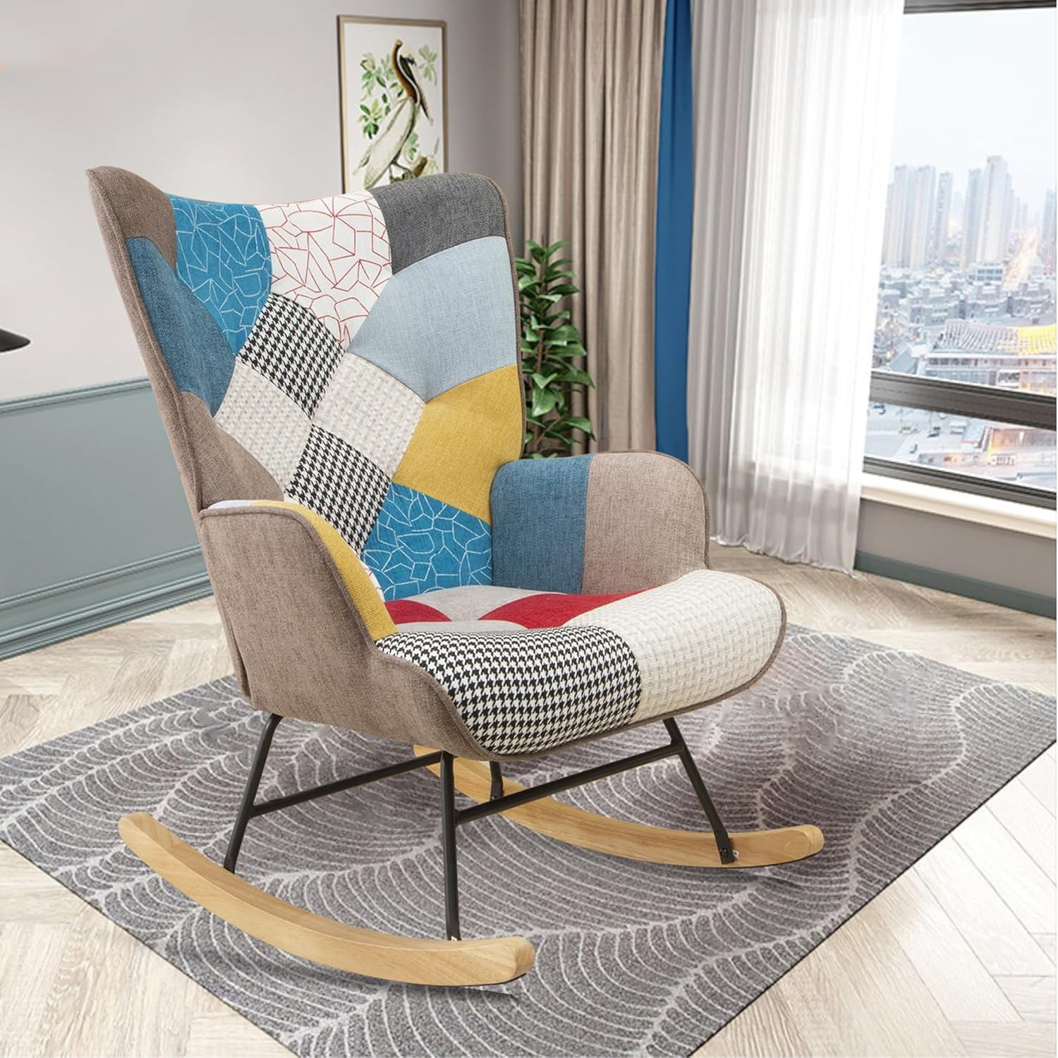 Nursery Rocking Chairs,Patchwork Fabric Upholstered Rocker Accent ...