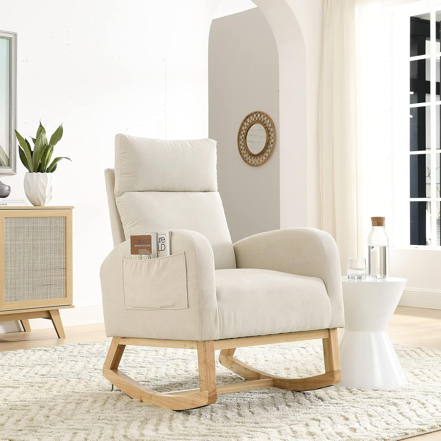 Nursery Rocking Glider Chair, Modern Fabric Tall Back Accent Rocker Chair Upholstered Arm Chair w/Side Pockets, Modern Leisure Single Sofa for Living Room, Hotel, Bedroom, Office, Grey