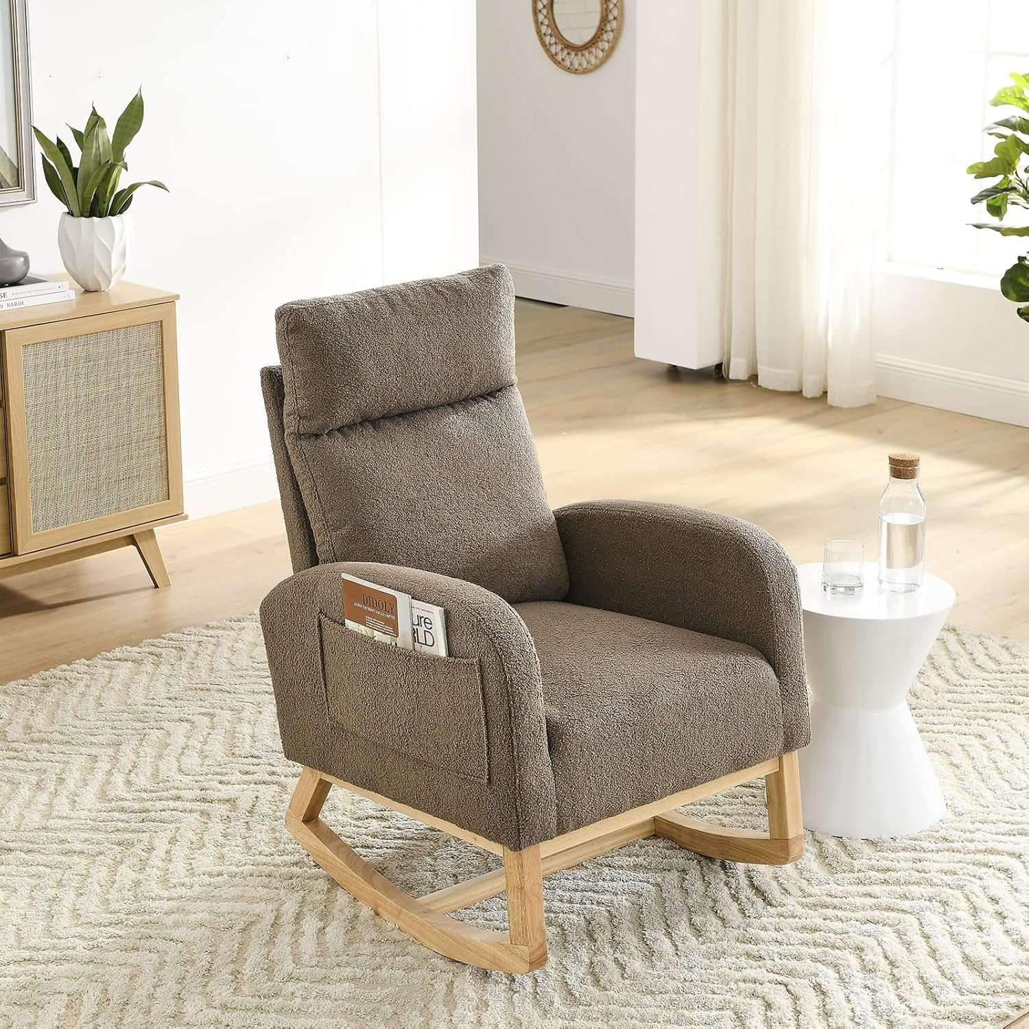 Nursery Rocking Glider Chair, Modern Fabric Tall Back Accent Rocker Chair Upholstered Arm Chair w/Side Pockets, Modern Leisure Single Sofa for Living Room, Hotel, Bedroom, Office, Grey
