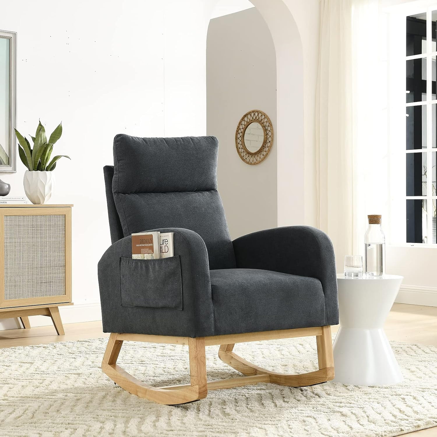 Nursery Rocking Glider Chair, Modern Fabric Tall Back Accent Rocker Chair Upholstered Arm Chair w/Side Pockets, Modern Leisure Single Sofa for Living Room, Hotel, Bedroom, Office, Grey