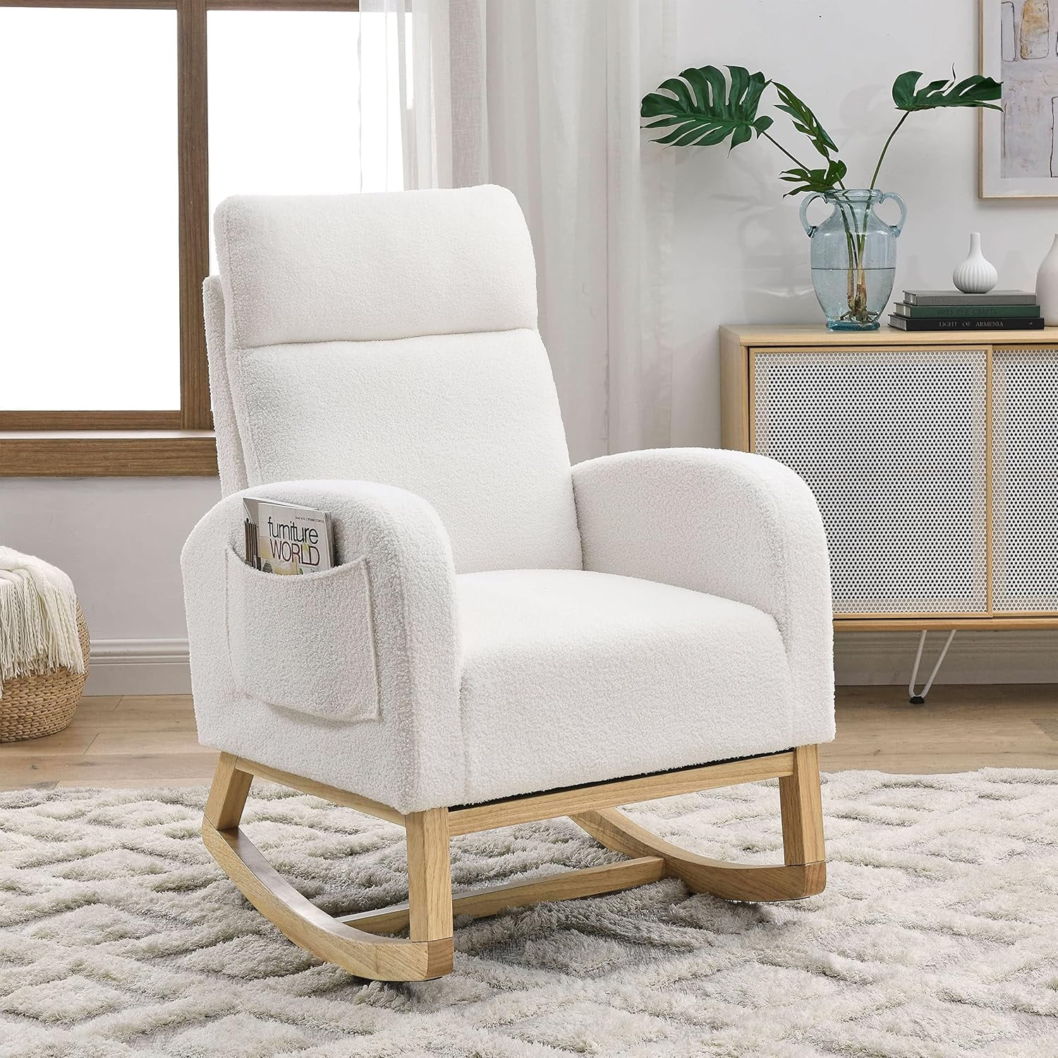 Nursery Rocking Glider Chair, Modern Fabric Tall Back Accent Rocker Chair Upholstered Arm Chair w/Side Pockets, Modern Leisure Single Sofa for Living Room, Hotel, Bedroom, Office, Grey