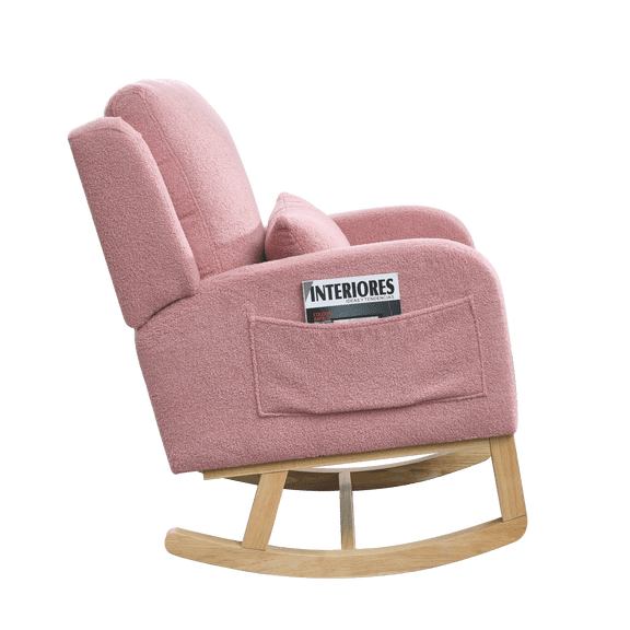 Nursery Rocking Glider Chair, Modern Teddy Fabric Tall Back Accent Rocker Chair Upholstered Arm Chair w/Side Pockets for Living Room, Hotel, Bedroom, Office, Pink