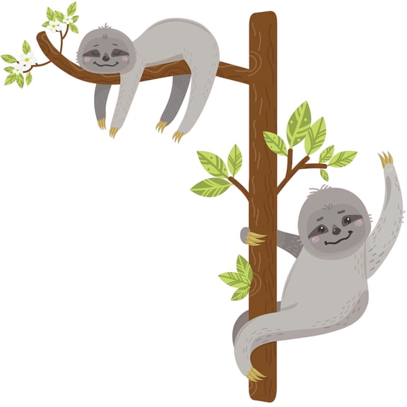 Nursery Room Art Grey Baby Sloths Decoration 28" x 28" Removable Home Bedroom Vinyl Multicolored Wall Decoration Sticker - Adhesive Living Room Kids Bedroom Tree Forest Animal Design Wall Decal