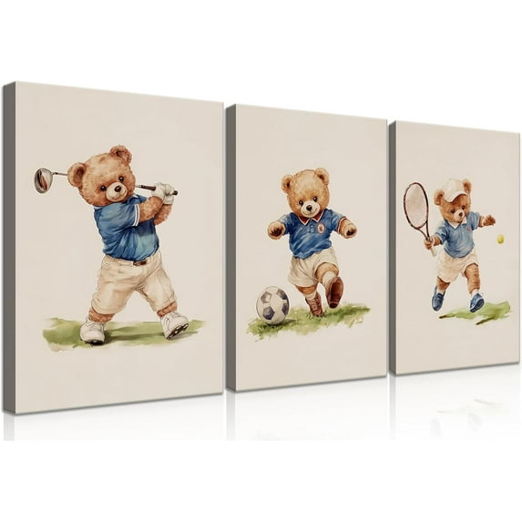 Nursery Room Bear Canvas Wall Art Vintage Boys Sports Wall Decor Karate Skateboard Fishing Poster Prints Cute Funny Animal Painting Pictures for Kids Bedroom Boys Room(Framed canvas)