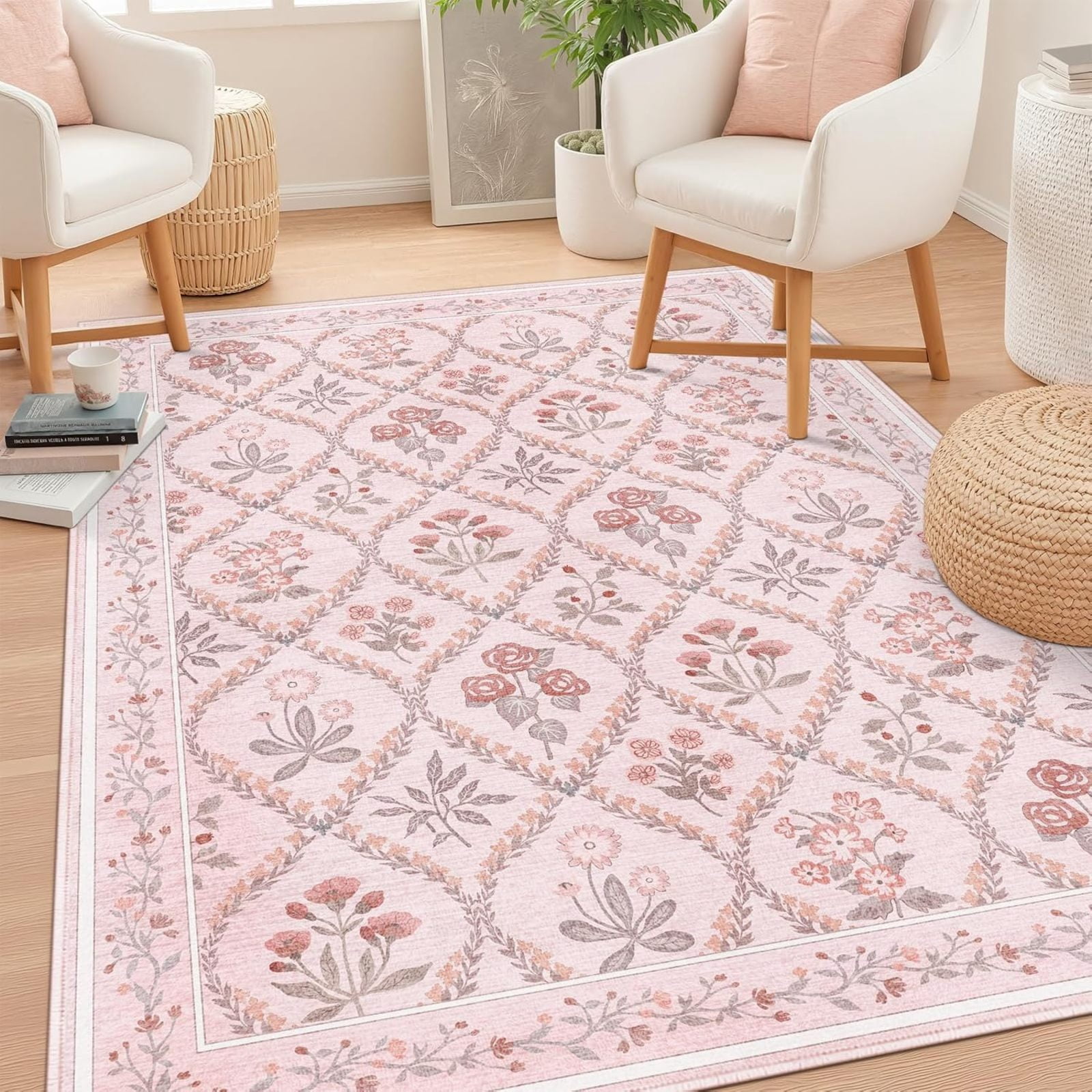 Nursery Rug For Baby Girl, Blush Pink Boho Cute Floral Rug For Bedroom ...