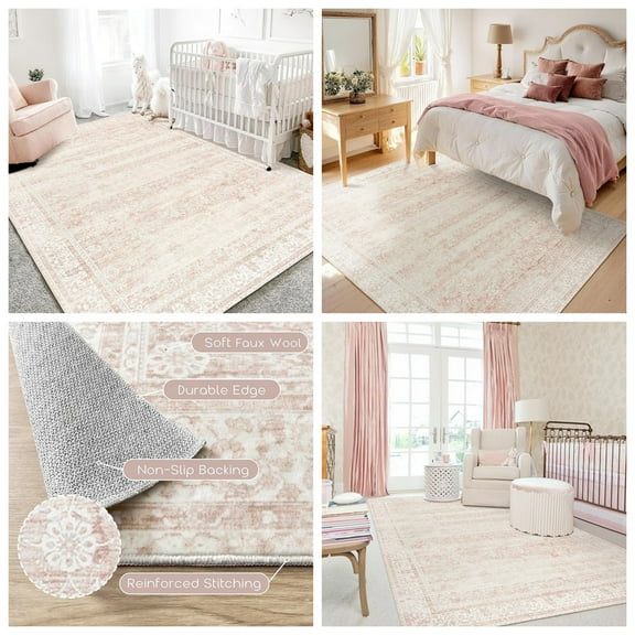 Nursery Rug for Baby Girl,Neutral Blush Pink Boho Cute Floral Foldable Machine Washable Soft Faux Wool Carpet Area Rugs for Living Room Bedroom Dorm Kids Playroom,5x7
