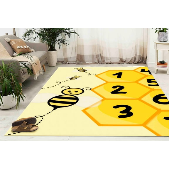 Nursery Rug, Yellow Rug, Home Decor, Bee Rug, Housewarming Gift, Children Room Rug, Kids Room Rugs, Easy To Clean Rug, Machine Washable Rug, 3.3'x6.5' - 100x200 cm