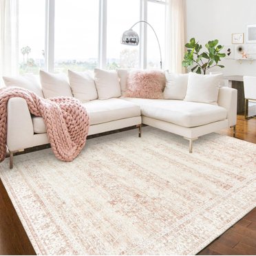 Blush Pink Boho Floral Nursery Rug - Soft Washable Faux Wool 5x7 Area Rug For Baby Girl Room, Living Room