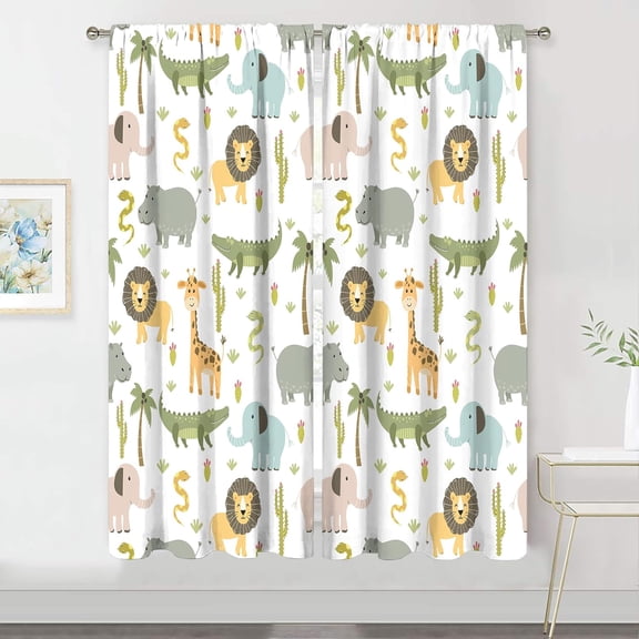 Nursery Safari Animals Curtains 42 (W) X 63(H) Inch Rod Pocket Baby Boy Kids Woodland Jungle Lion Elephant Printed Curtains for Living Room Bedroom Window Drapes Fabric