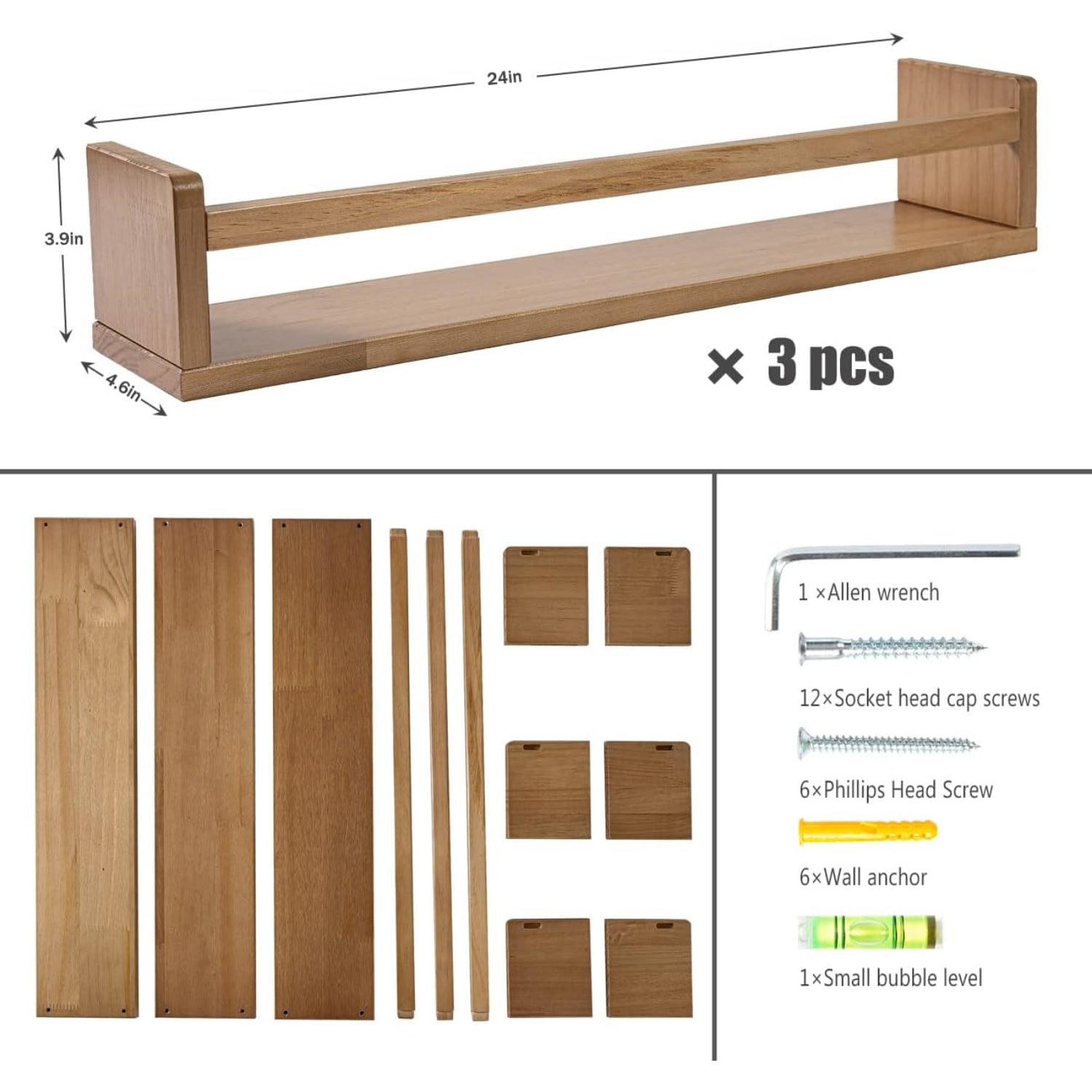 Nursery Shelves Light Walnut Floating Book Shelf Organizer for Baby Nursery Décor Wall Book Shelves for Kids Room 24 Inch Wood Wall Ledge Shelves for Bathroom Kitchen Spice Rack a Set of 3