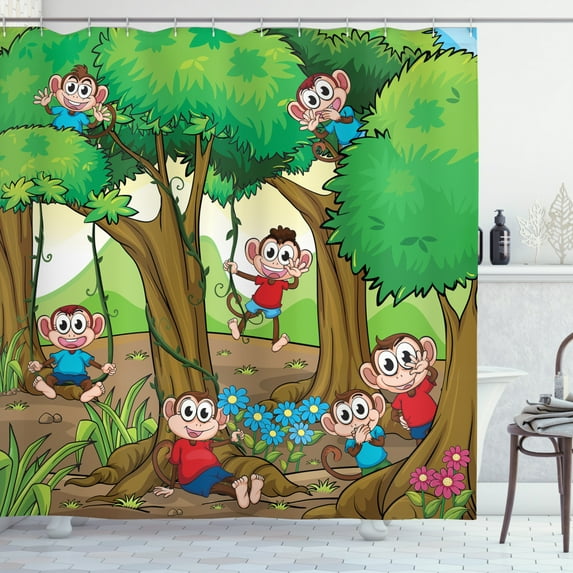 Ambesonne Cartoon Shower Curtain, Apes Play in Forest, 69"Wx70"L, Multicolor