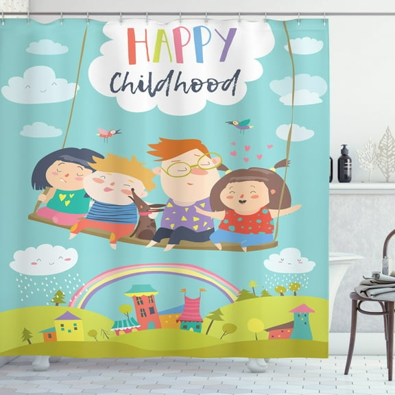 Nursery Shower Curtain, Happy Kids on a Swing with Dog Childhood Dreams Themed Cartoon Town Rainbow Design, Fabric Bathroom Set with Hooks, 69W X 70L Inches, Multicolor, by Ambesonne