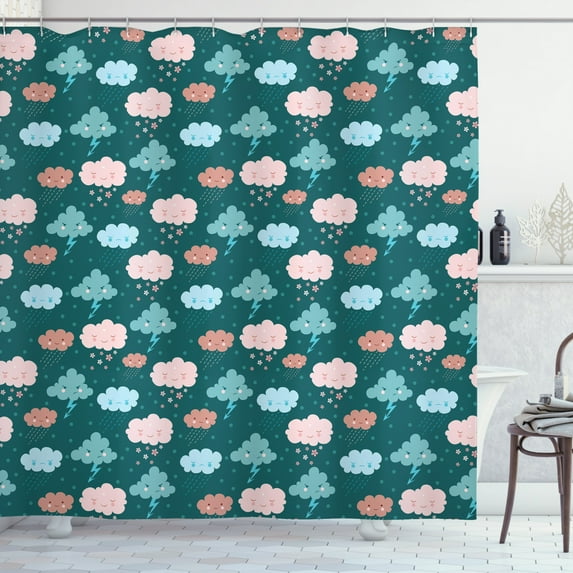 Nursery Shower Curtain, Happy Sad and Angry Faces of Clouds Mood Changing Sky Elements, Fabric Bathroom Set with Hooks, 69W X 70L Inches, Teal Dried Rose and Pale Pink, by Ambesonne