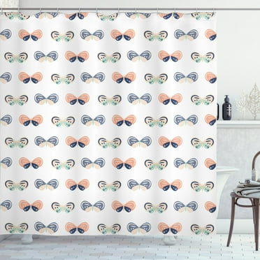 Nursery Shower Curtain, Spring Theme Repetitive Butterfly Sketches with Colorful Pastel Tones, Fabric Bathroom Set with Hooks, 69W X 70L Inches, White and Multicolor, by Ambesonne