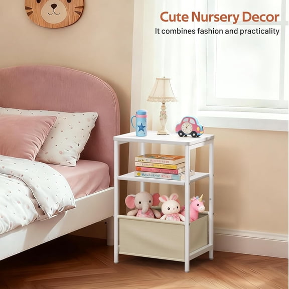 Nursery Side Table for Living Room with Storage Basket Small End Tables for Small Spaces with Large Tabletop White Bedside Table Toddler Night Stand for Bedroom, Sofa, Dorm, Office