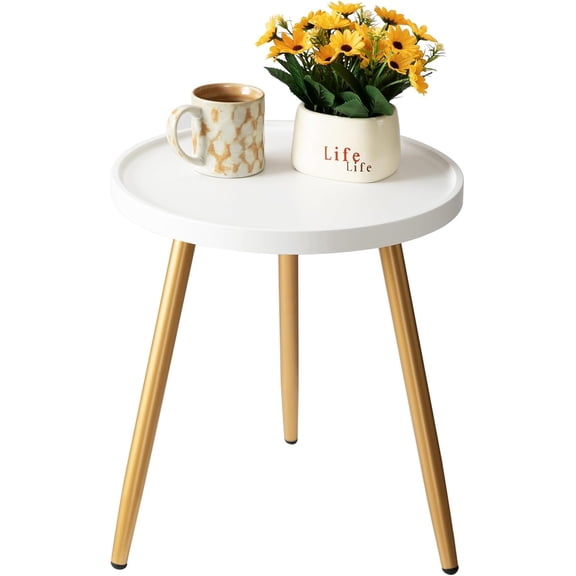 Nursery Side Table, Metal Legged Mini Table with Wooden Tray, Small Round End Table for Living Room, Bedroom, Nursery, White & Gold