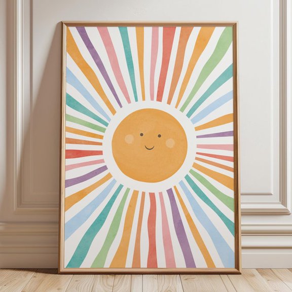 Nursery Sun Poster, Playroom Sun Print, Boho Nursery Wall Decor, Cute Sun Print, Girls Room Decor, Rainbow Playroom,, Unframed Paper Poster 24x36in