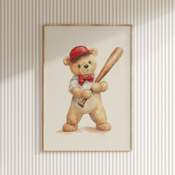 Nursery Teddy Bear Baseball Print, Kids Room Wall Decor, Sports Children Room Wall Art, Toddler Animal Artwork, Baby Room Art Wall Art, Modern Wall Decor, 12x18 UNFRAMED