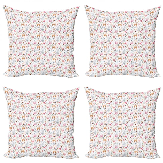 Ambesonne Cartoon Throw Pillow Cover 4 Pack, Deer Snail Owl, 16", Multicolor