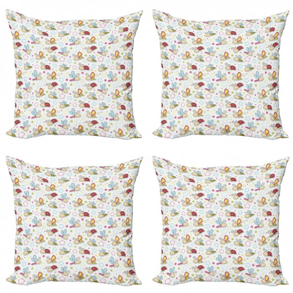 Ambesonne Cartoon Throw Pillow Cover 4 Pack, Flower Dragonfly Bugs, 20", Pale Blue Pink Red