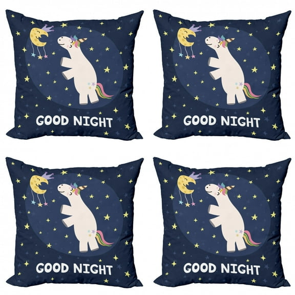 Nursery Throw Pillow Cushion Case Pack of 4, Cartoon Style Illustration of Rainbow Hair Unicorn and Moon Smiling Each Other, Modern Accent Double-Sided Print, 4 Sizes, Multicolor, by Ambesonne
