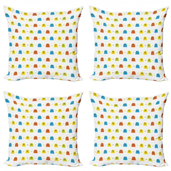 Nursery Throw Pillow Cushion Case Pack of 4, Childish Image of Funny Eyed Monsters, Modern Accent Double-Sided Print, 4 Sizes, White Multicolor, by Ambesonne