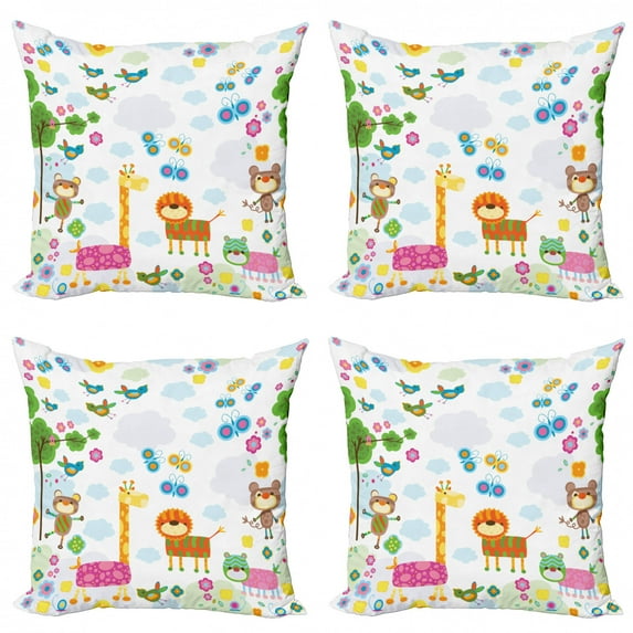 Ambesonne Cartoon Throw Pillow Cover 4 Pack, Floral Funny Animals, 24", Multicolor
