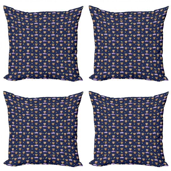 Ambesonne Cartoon Throw Pillow Cover 4 Pack, Owls Starry Night, 18", Indigo and Multicolor