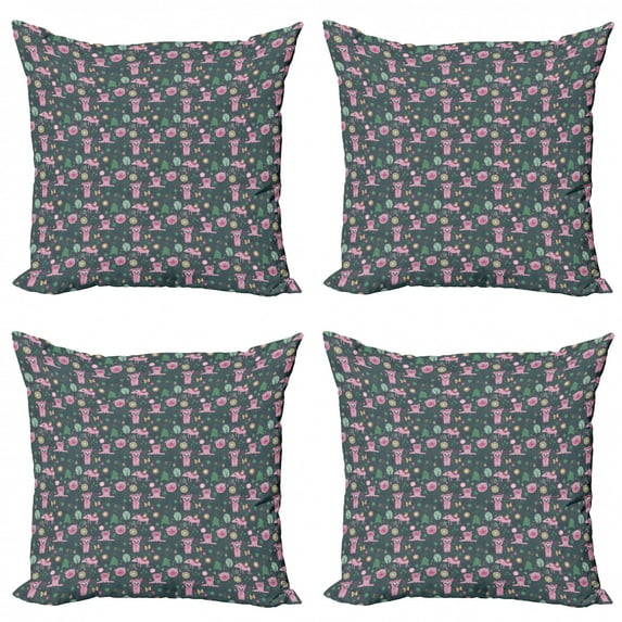 Nursery Throw Pillow Cushion Case Pack of 4, Repetitive Happy Pattern of Piglets Flowers Birds and Trees, Modern Accent Double-Sided Print, 4 Sizes, Multicolor, by Ambesonne