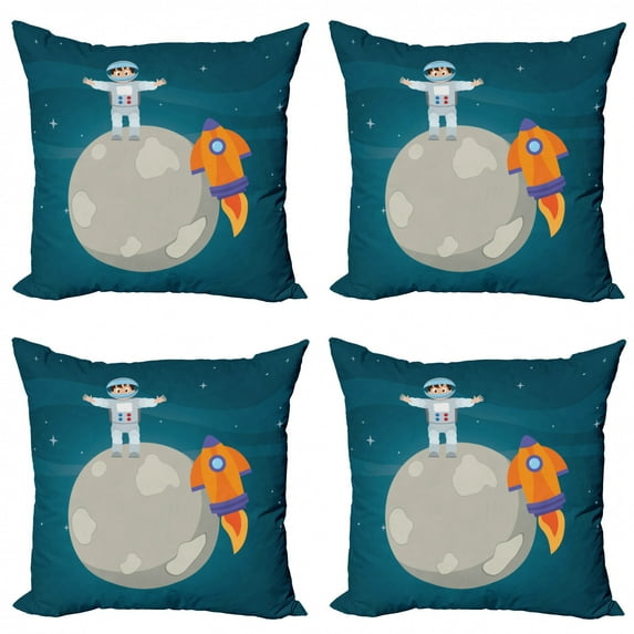 Nursery Throw Pillow Cushion Case Pack of 4, Space Cartoon with Happy Astronaut on Moon with Colorful Rocket, Modern Accent Double-Sided Print, 4 Sizes, Petrol Blue Multicolor, by Ambesonne