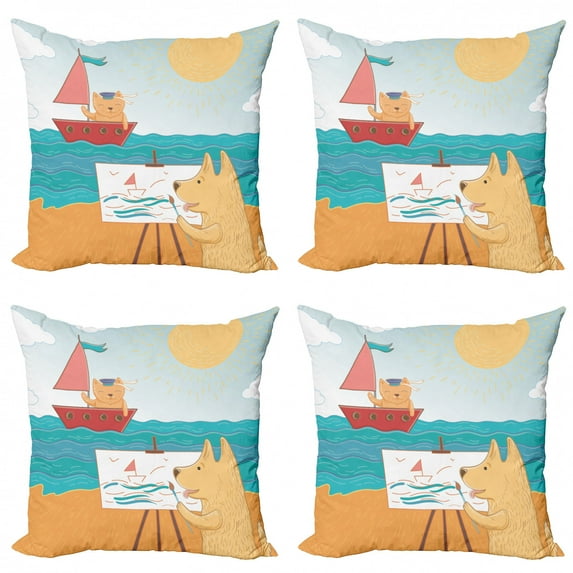 Ambesonne Cartoon Throw Pillow Cover 4 Pack, Summer Vacation Cat Dog, 24", Multicolor