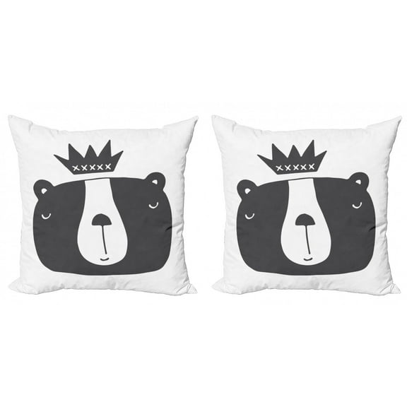 Ambesonne Cartoon Throw Pillow Cover 2 Pack, Humorous Bear in Crown, 24", Charcoal Grey White